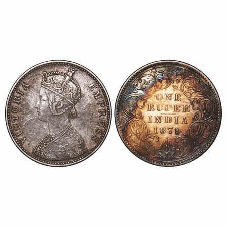 Victoria Empress, Silver, Rupee, 1879, Bombay Mint, A3/II(iv), Dot. F. Prid Unlisted. GK 4