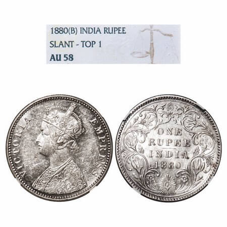 Victoria Empress, Silver, Rupee, 1880, Bombay Mint, A3/II(iv), Dot, Slant top numeral 1. F