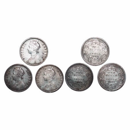 Victoria Empress, Silver, Rupee, 1883, (3 coins), 1) Bombay Mint, A3/I, Dot, 2) Bombay Min