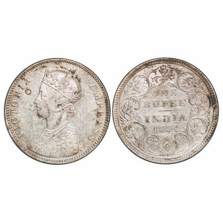 Victoria Empress, Silver, Rupee, 1884, Bombay Mint, A3/II(i), 'B' raised (bottom). F. Prid