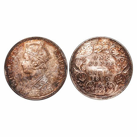 Victoria Empress, Silver, Rupee, 1890, Bombay Mint, C2/I, 'B' incused, Flat top numeral 1 