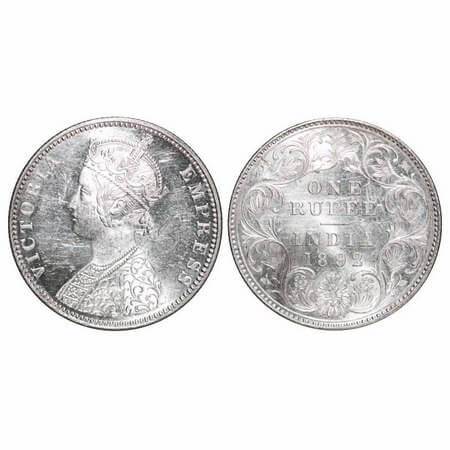 Victoria Empress, Silver, Rupee, 1892, Bombay Mint, C2/I, 'B' incused, Flat top numeral 1 