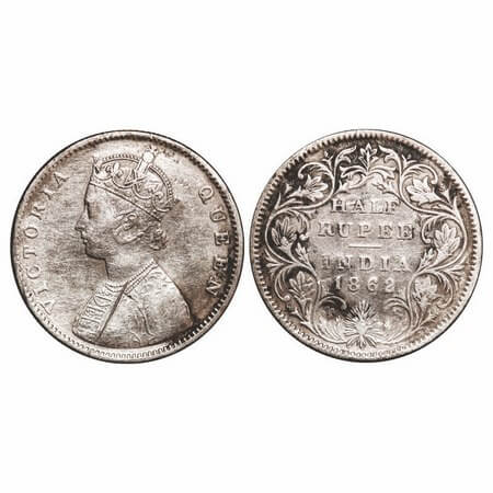 Victoria Queen, Silver, Half Rupee, 1862, Calcutta Mint, C/II, Round Pearls. F. Prid 252. 