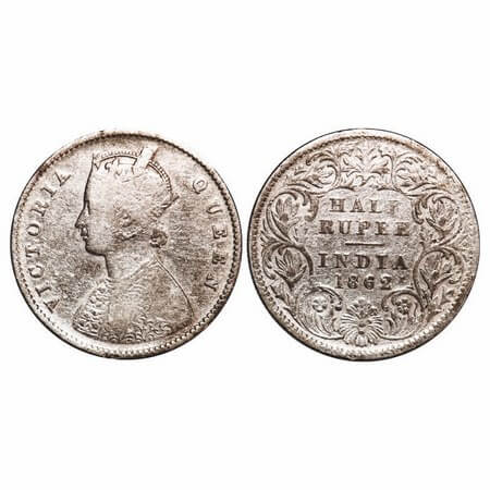 Victoria Queen, Silver, Half Rupee, 1862, Calcutta Mint, A/I, Round Pearls. F. Prid 255. G