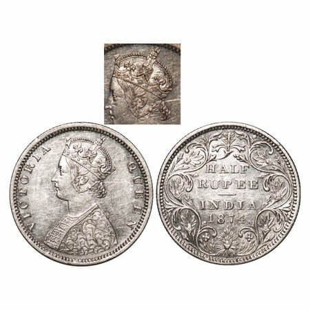 Victoria Queen, Silver, Half Rupee, 1874, Bombay Mint, B2/II, Dot, Elongated dot. F. Prid 