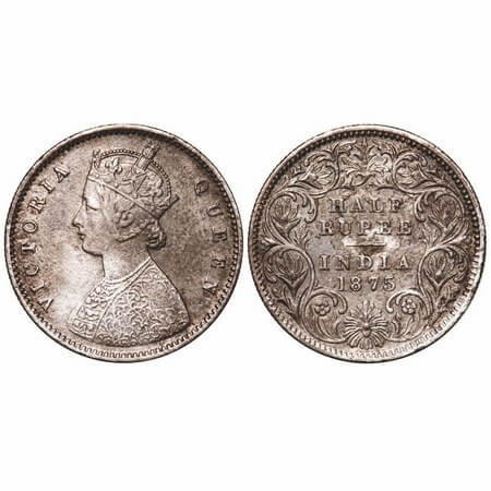 Victoria Queen, Silver, Half Rupee, 1875, Calcutta Mint, A/I, No mint mark. F. Prid 260. G