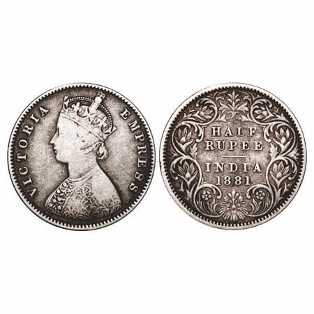 Victoria Empress, Silver, Half Rupee, 1881, Calcutta Mint, A/I, 'C' incused. F. Prid 265. 