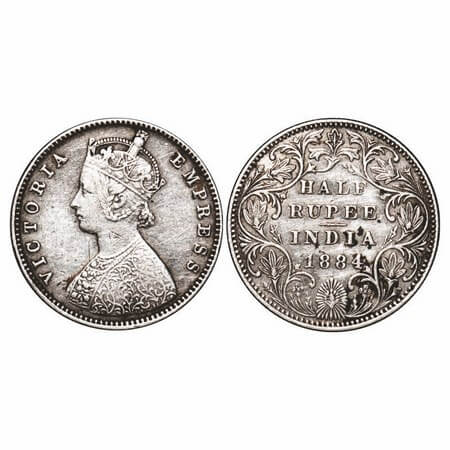 Victoria Empress, Silver, Half Rupee, 1884, Bombay Mint, A/II(i), Dot, Centre vertical str