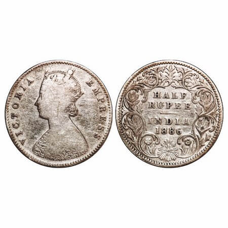 Victoria Empress, Silver, Half Rupee, 1886, Calcutta Mint, A/I, 'C' incused. F. Prid 270.
