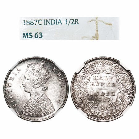 Victoria Empress, Silver, Half Rupee, 1887, Calcutta Mint, A/I, 'C' incused. F. Prid 271. 