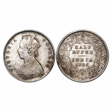Victoria Empress, Silver, Half Rupee, 1892, Calcutta Mint, A/I, 'C' incused. F. Prid 276.