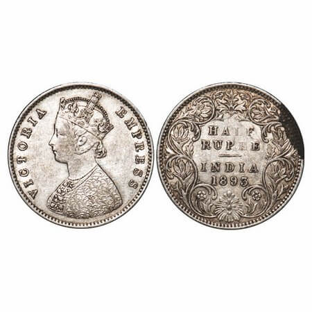 Victoria Empress, Silver, Half Rupee, 1893, Bombay Mint, A/I, 'B' incused. F. Prid 303. GK