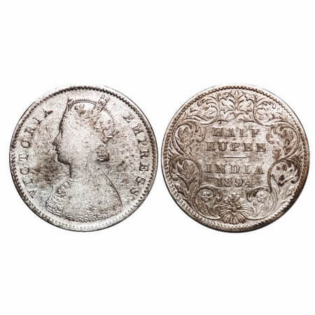 Victoria Empress, Silver, Half Rupee, 1894, Bombay Mint, A/I, 'B' incused. F. Prid 304. GK