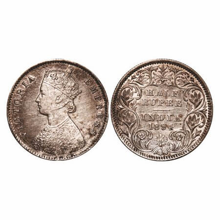 Victoria Empress, Silver, Half Rupee, 1894, Calcutta Mint, A/I, 'C' incused. F. Prid 278. 