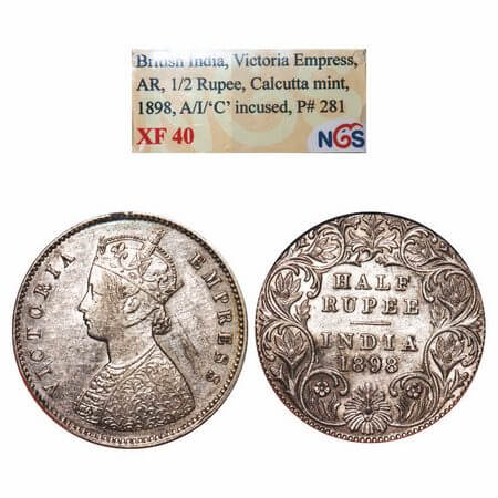 Victoria Empress, Silver, Half Rupee, 1898, Calcutta Mint, A/I, 'C' incused. F. prid 281. 