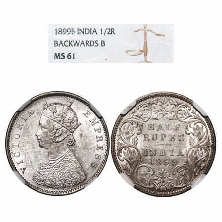Victoria Empress, Silver, Half Rupee, 1899, Bombay Mint, A/I, 'B' incused, B incused inver