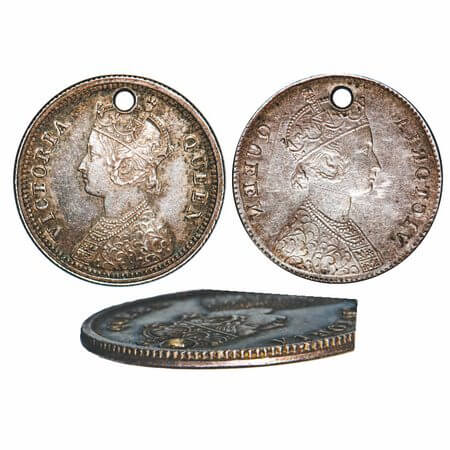 Victoria Queen, Silver, 1/4 Rupee, Error Obv Brockage with Pendant hole on the top, Rim ed
