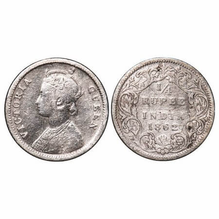 Victoria Queen, Silver, 1/4 Rupee, 1862, Bombay Mint, A/I. F. Prid 377. GK 377. About Very