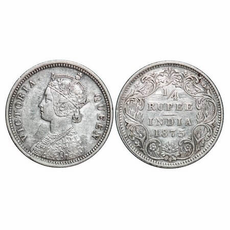 Victoria Queen, Silver, 1/4 Rupee, 1875, Bombay Mint, A/I, No dot. F. Prid 406. GK 666. Ex