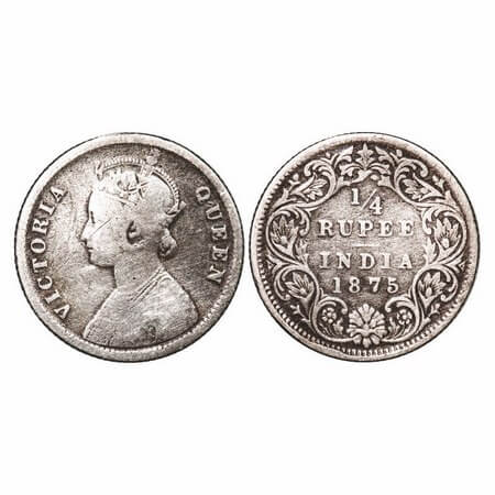 Victoria Queen, Silver, 1/4 Rupee, 1875, Calcutta Mint, A/I, No mint mark, No 'C'. F. Prid