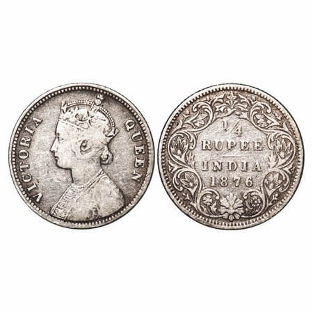 Victoria Queen, Silver, 1/4 Rupee, 1876, Calcutta Mint, A/I, No mint mark, No 'C'. F. Prid