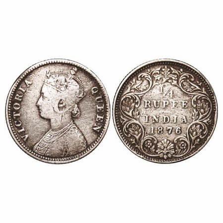Victoria Queen, Silver, 1/4 Rupee, 1876, Calcutta Mint, A/I, No mint mark, No 'C'. F. Prid