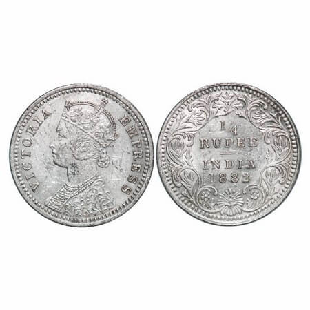Victoria Empress, Silver, 1/4 Rupee, 1882, Calcutta Mint, C/II, 'C' incused. F. Prid 387. 