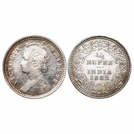 Victoria Empress, Silver, 1/4 Rupee, 1882, Calcutta Mint, C/II, 'C' incused. F. Prid 387. 