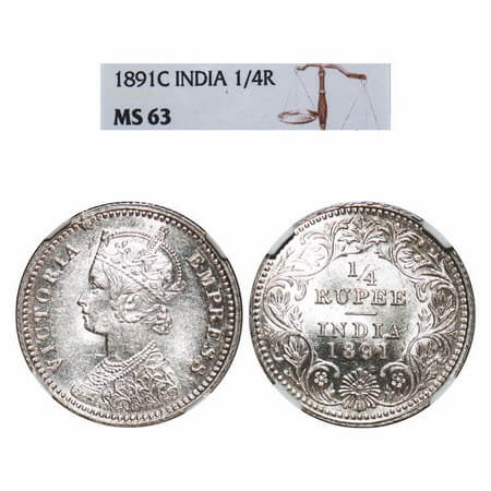 Victoria Empress, Silver, 1/4 Rupee, 1891, Calcutta Mint, C/II, 'C' incused. F. Prid 396.