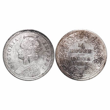 Victoria Empress, Silver, 1/4 Rupee, 1893, Calcutta Mint, C/II, 'C' incused, Ghost on Rev.