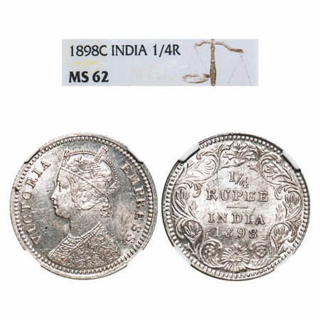 Victoria Empress, Silver, 1/4 Rupee, 1898, Calcutta Mint, C/II, 'C' incused. F. Prid 402. 