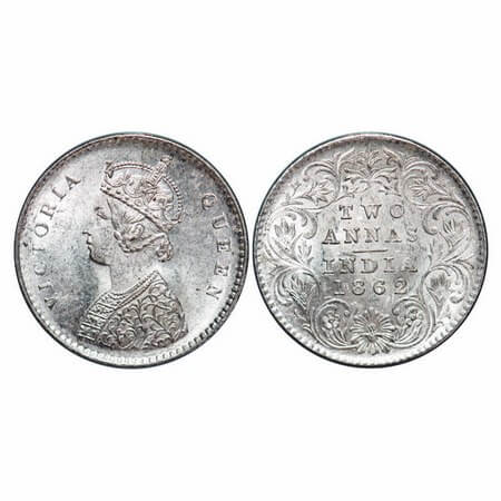 Victoria Queen, Silver, 2 Annas, 1862, Calcutta Mint, A/I, Bottom flower centre top petal 