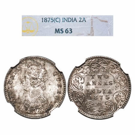 Victoria Queen, Silver, 2 Annas, 1875, Calcutta Mint, A/I, No mint mark. F. Prid 489. GK 7