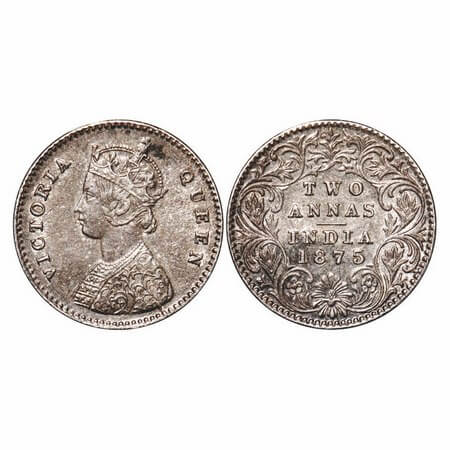 Victoria Queen, Silver, 2 Annas, 1875, Calcutta Mint, A/I, No mint mark, Die crack on Obv.