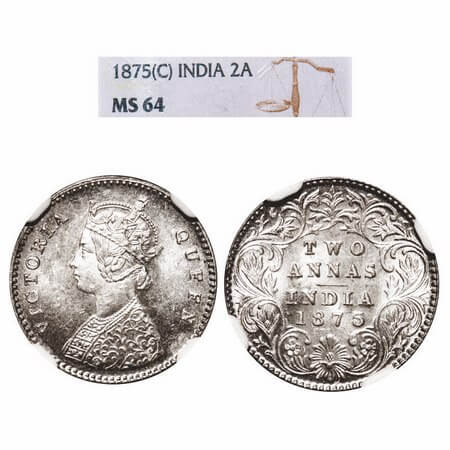 Victoria Queen, Silver, 2 Annas, 1875, Calcutta Mint, A/I, No mint mark. F. Prid 489. GK 7