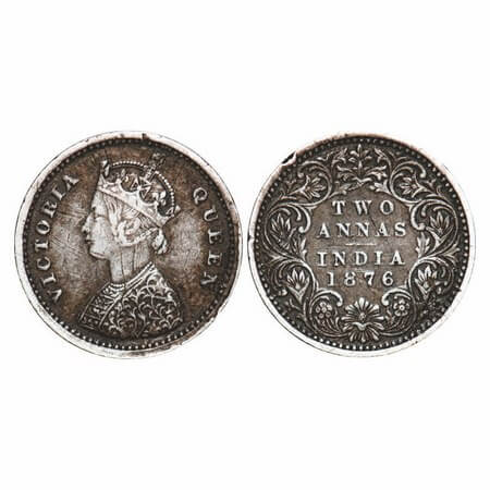 Victoria Queen, Silver, 2 Annas, 1876, Bombay Mint, A/I, No mint mark, No dot, Top stroke 