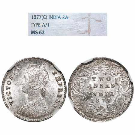 Victoria Empress, Silver, 2 annas, 1877, Calcutta Mint, A/I, No mint mark. F. Prid 491. GK