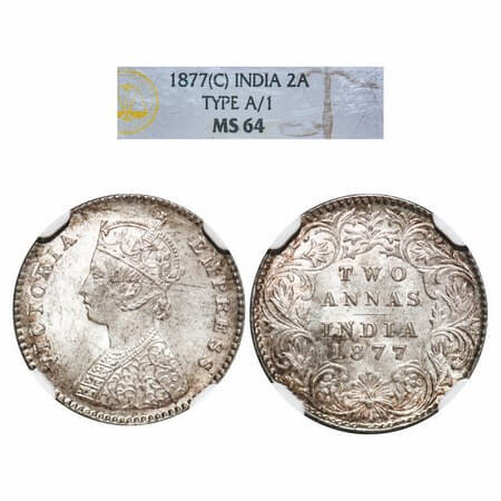 Victoria Empress, Silver, 2 Annas, 1877, Calcutta Mint, A/I, No mint mark. F. Prid 491. GK