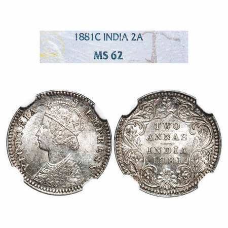 Victoria Empress, Silver, 2 Annas, 1881, Calcutta Mint, B/II, 'C' incused. F. Prid 496. GK