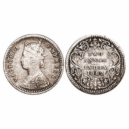 Victoria Empress, Silver, 2 Annas, 1882, Bombay Mint, B/II, Dot. F. Prid 527. GK 762. Very