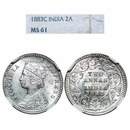 Victoria Empress, Silver, 2 Annas, 1883, Calcutta Mint, B/II, 'C' incused. F. Prid 498. GK