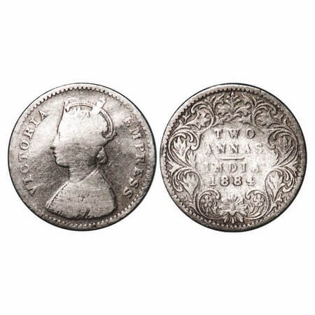 Victoria Empress, Silver, 2 Annas, 1884, Bombay Mint, A/I, No dot. GK 769. Fine, Cleaned. 