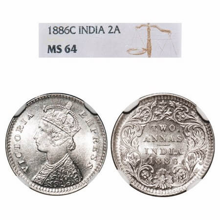Victoria Empress, Silver, 2 Annas, 1886, Calcutta Mint, B/II, 'C' incused. F. Prid 501. GK
