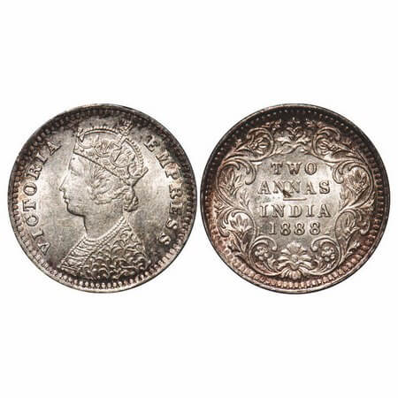 Victoria Empress, Silver, 2 Annas, 1888, Bombay Mint, B/II, 'B' incused. F. Prid 541. GK 7