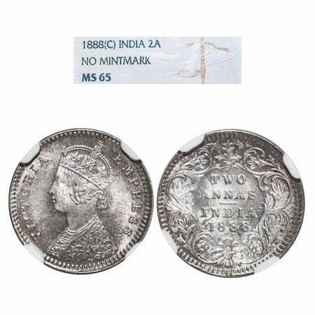 Victoria Empress, Silver, 2 Annas, 1888, Calcutta Mint, B/II, No mint mark, No 'C'. F. Pri