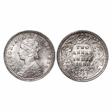 Victoria Empress, Silver, 2 Annas, 1888, Calcutta Mint, B/II, No mint mark, No 'C', Ghost 