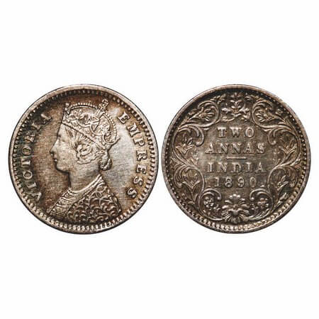 Victoria Empress, Silver, 2 Annas, 1890, Bombay Mint, B/II, 'B' raised. F. Prid 544. GK 79
