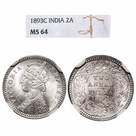 Victoria Empress, Silver, 2 Annas, 1893, Calcutta Mint, B/II, 'C' incused. F. Prid 508. GK
