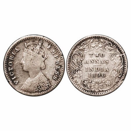 Victoria Empress, Silver, 2 Annas, 1896, Bombay Mint, B/II, 'B' incused. GK 804. Fine+. Sc