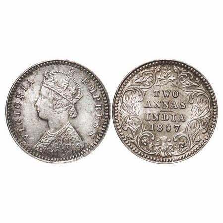 Victoria Empress, Silver, 2 Annas, 1897, Calcutta Mint, B/II, 'C' incused. F. Prid 512. GK